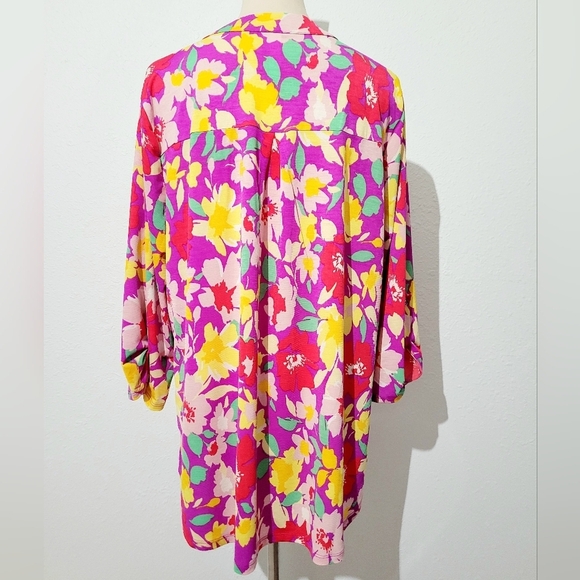 Dear Scarlett Floral Blouse Top Tunic XL Bright Pink Yellow Red Green 3/4 Sleeve - Picture 6 of 13